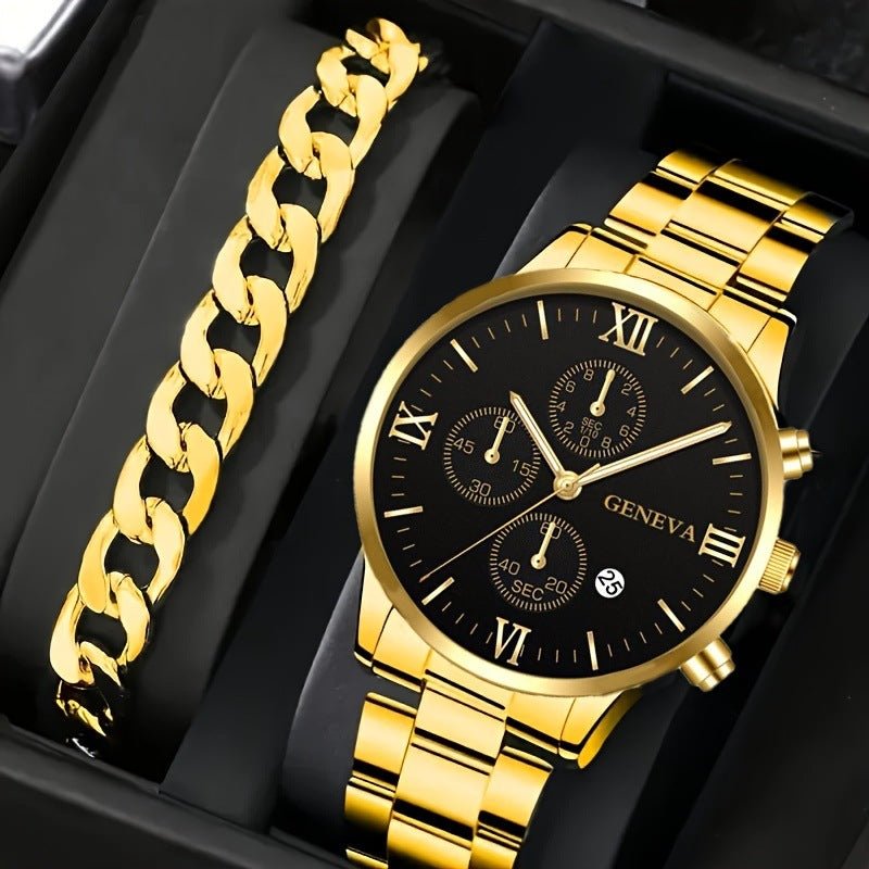 2pcs Men's New Popular Steel Strip Fashion Business Three Eye Quartz Watch Bracelet Set Valentine's Day Gifts - Free Spirit Chic
