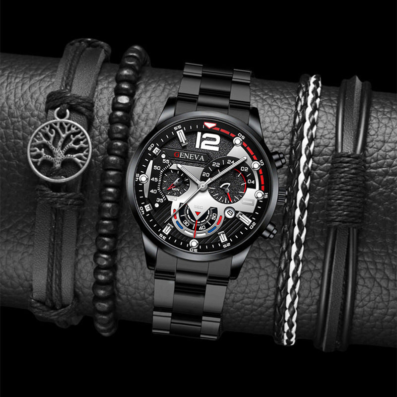 2pcs Men's New Popular Steel Strip Fashion Business Three Eye Quartz Watch Bracelet Set Valentine's Day Gifts - Free Spirit Chic