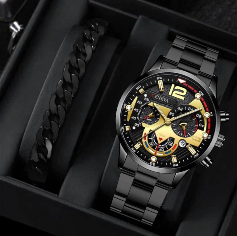 2pcs Men's New Popular Steel Strip Fashion Business Three Eye Quartz Watch Bracelet Set Valentine's Day Gifts - Free Spirit Chic