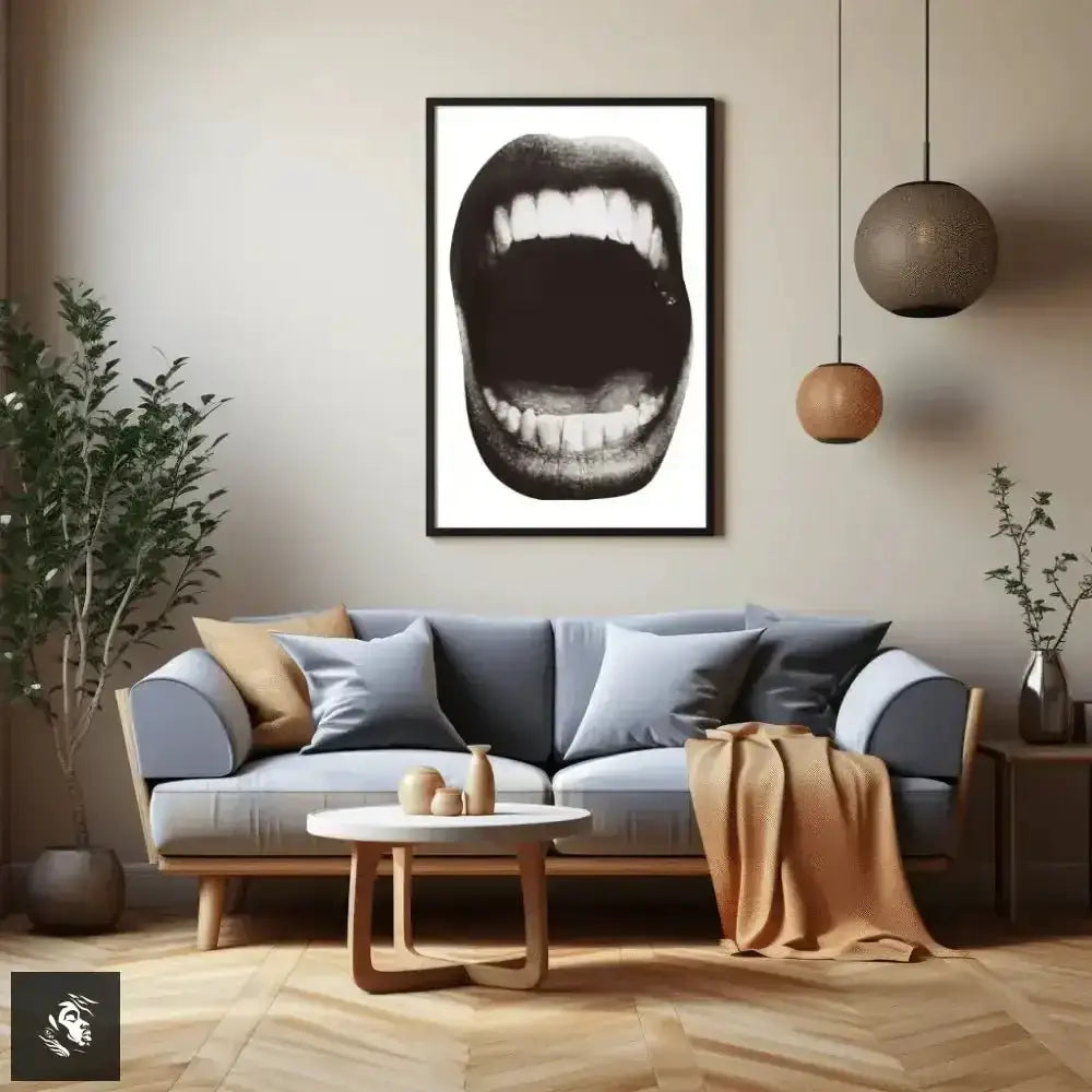 Grinning Mouth Black and White Digital Art Wall Decor - Free Spirit Chic