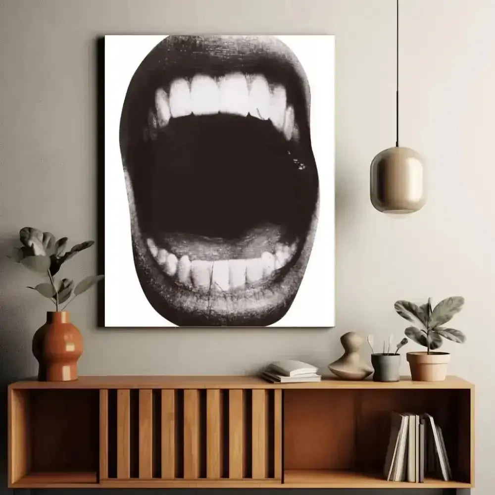 Grinning Mouth Black and White Digital Art Wall Decor - Free Spirit Chic