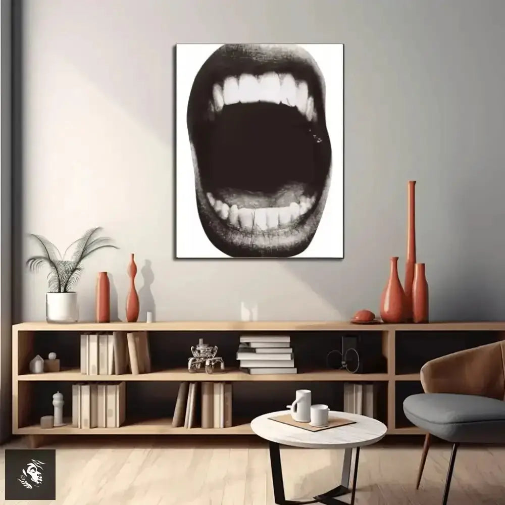 Grinning Mouth Black and White Digital Art Wall Decor - Free Spirit Chic