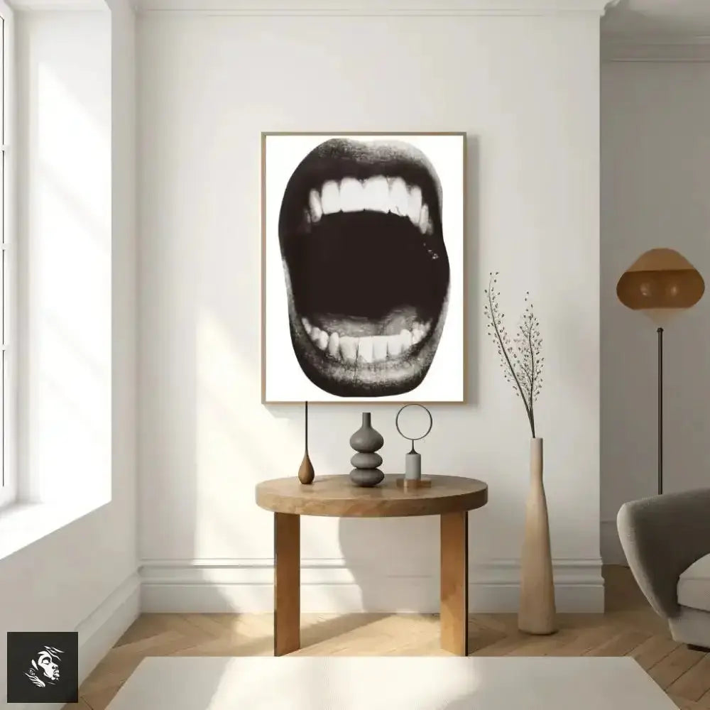 Grinning Mouth Black and White Digital Art Wall Decor - Free Spirit Chic
