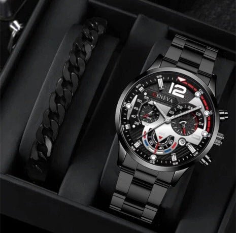 2pcs Men's New Popular Steel Strip Fashion Business Three Eye Quartz Watch Bracelet Set Valentine's Day Gifts - Free Spirit Chic