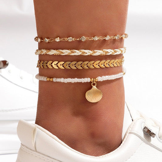 4pcs Set Bohemian Woven Rope Foot Chain For Men And Women Geometric Alloy Black Beads Dropping Oil Anklet Set Summer Fashion Jewelry - Free Spirit Chic