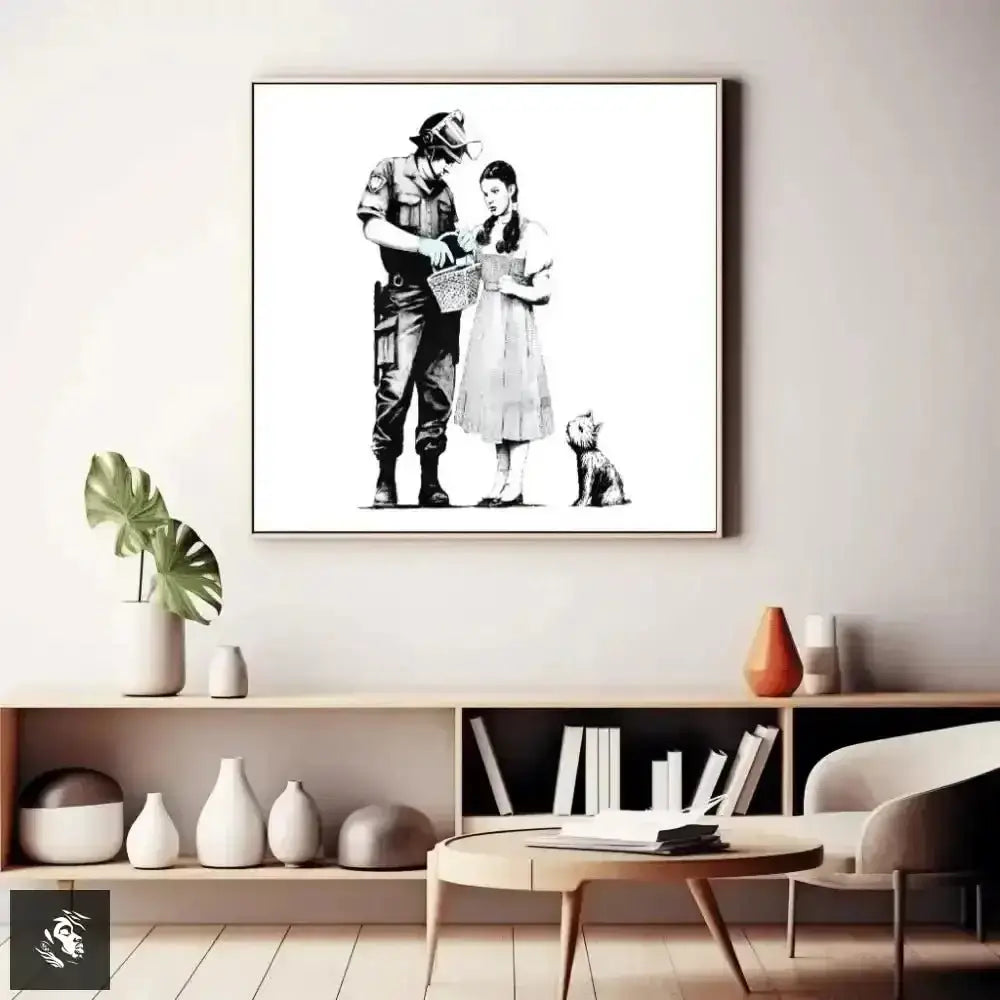 Black and White Banksy Art with Figures and a Dog - Free Spirit Chic
