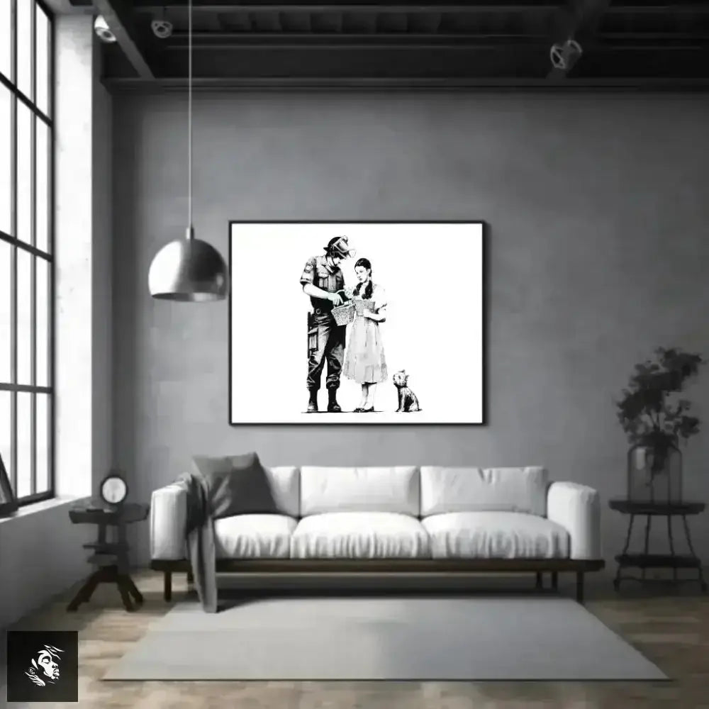 Black and White Banksy Art with Figures and a Dog - Free Spirit Chic
