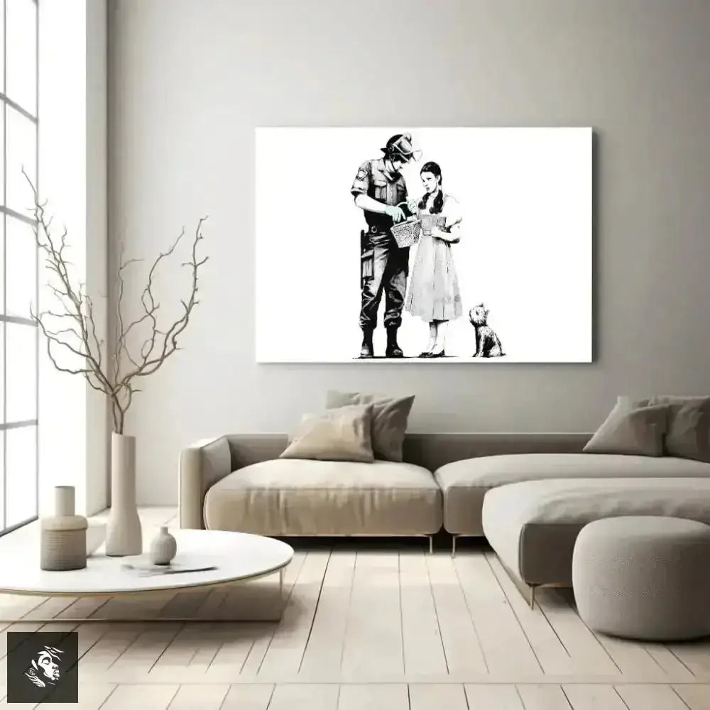 Black and White Banksy Art with Figures and a Dog - Free Spirit Chic