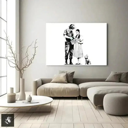 Black and White Banksy Art with Figures and a Dog - Free Spirit Chic
