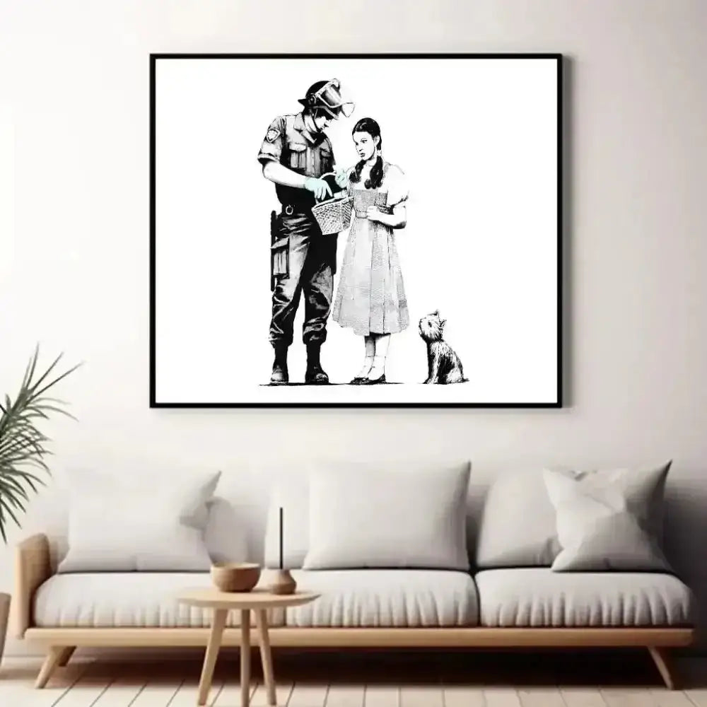 Black and White Banksy Art with Figures and a Dog - Free Spirit Chic