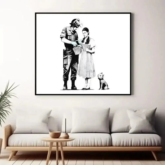 Black and White Banksy Art with Figures and a Dog - Free Spirit Chic