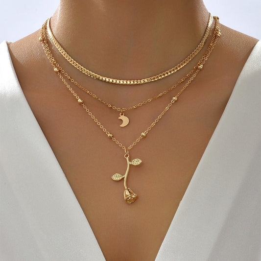 Bohemia Multilayer Moon Gold Color Pendant Necklaces For Women Rose Flower Choker Necklace 2025 Fashion Jewelry Party Gift Valentine's Day Gifts - Free Spirit Chic
