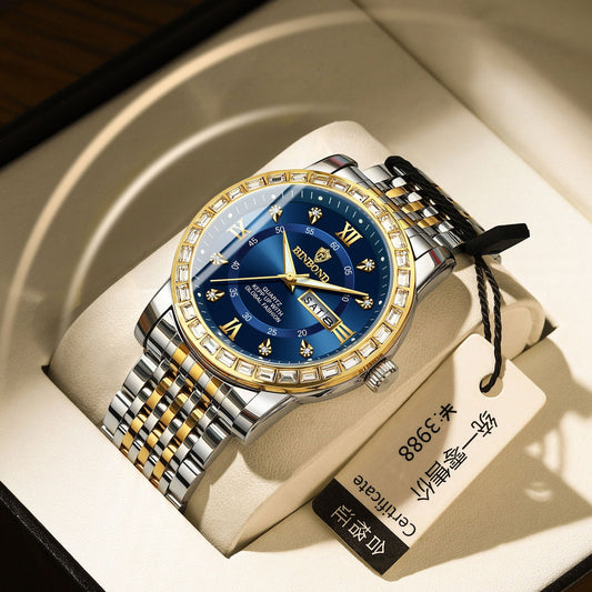 Business Diamond - embedded Mechanical Watch Double Calendar Waterproof Luminous - Free Spirit Chic