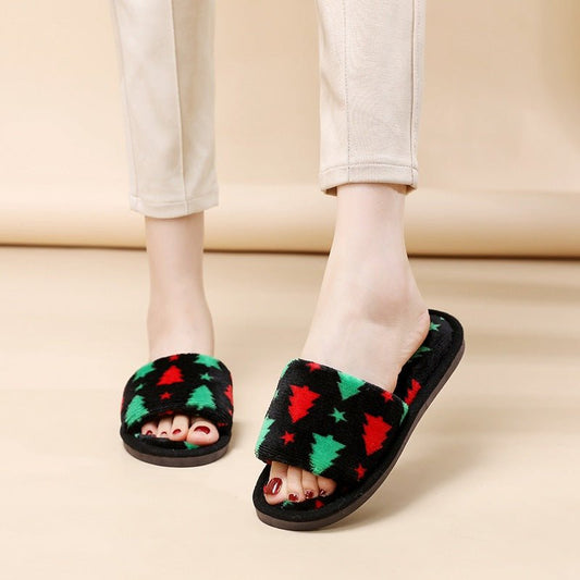 Christmas Tree Home Slippers Fashion Floor Bedroom Open - toe Plush Slippers For Women Fuzzy House Shoes - Free Spirit Chic