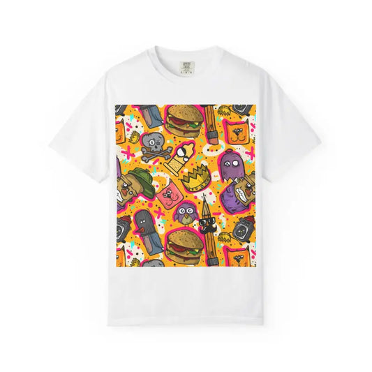 Colorful Cartoon Pattern T-Shirt Fun Graphic Tee for Food Lovers Casual Wear Perfect Gift for Kids and Teens Playful