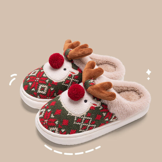 Cute Christmas Elk Plush Slippers Winter Ins Fashion Non - slip Floor Bedroom Home Slippers For Women Fuzzy House Shoes - Free Spirit Chic