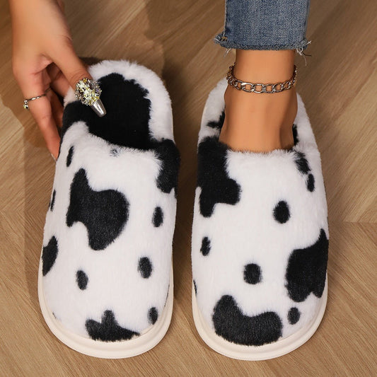 Cute Cow Spotted Plush Slippers Winter Warm Non - slip Bedroom Floor Fuzzy Slipper Couple Women House Shoes - Free Spirit Chic