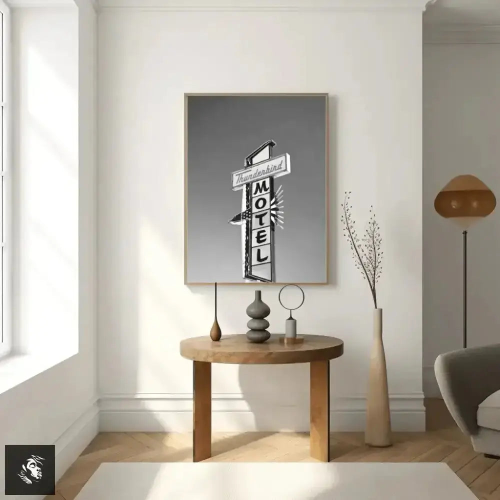 Monochrome Retro Motel Sign Digital Art Poster - Free Spirit Chic
