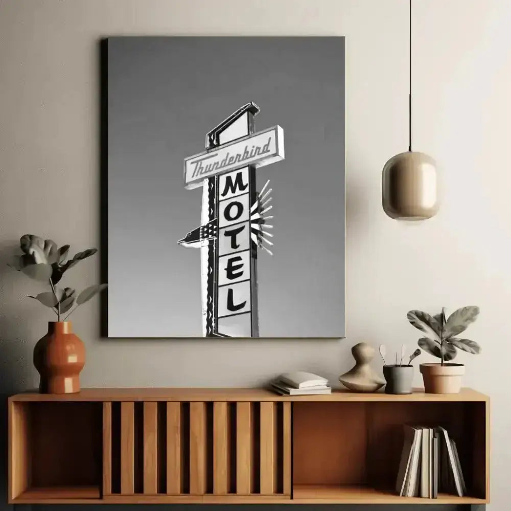 Monochrome Retro Motel Sign Digital Art Poster - Free Spirit Chic
