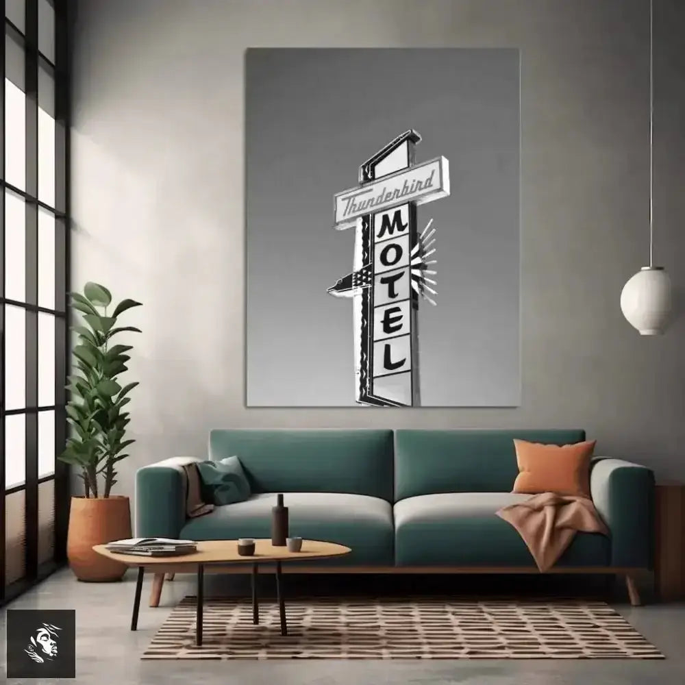 Monochrome Retro Motel Sign Digital Art Poster - Free Spirit Chic