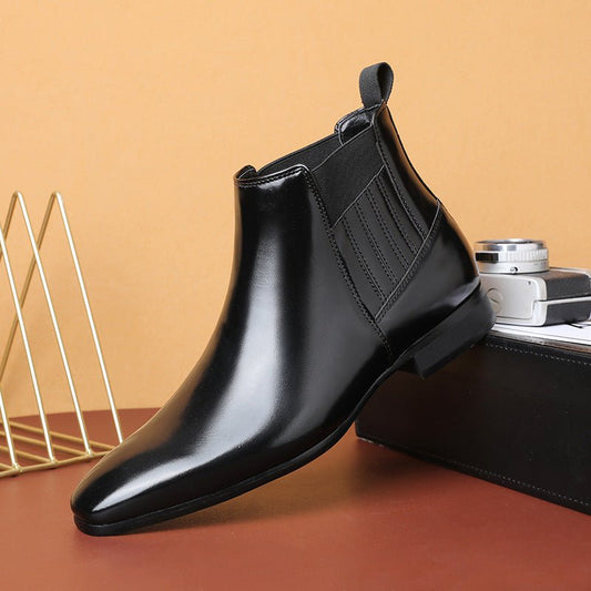Pointed Toe Chelsea - style Boots For Men Fashion British Style Square Heel Business Formal Leather Shoes - Free Spirit Chic