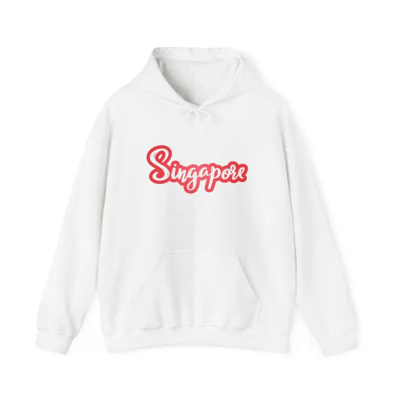 Singapore Script Hoodie — Retro Red Cursive Pullover for Travelers & Locals