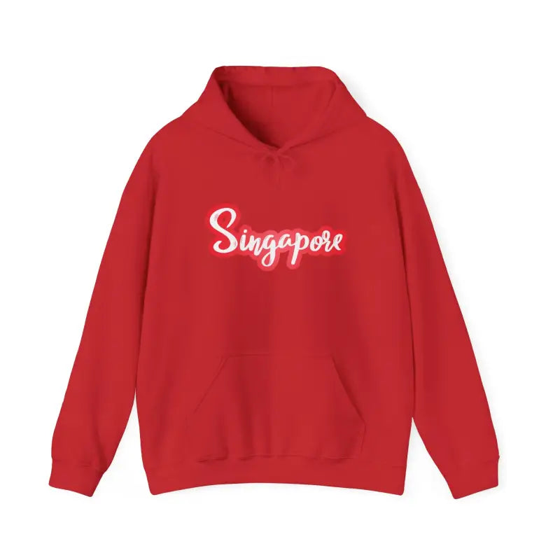 Singapore Script Hoodie — Retro Red Cursive Pullover for Travelers & Locals