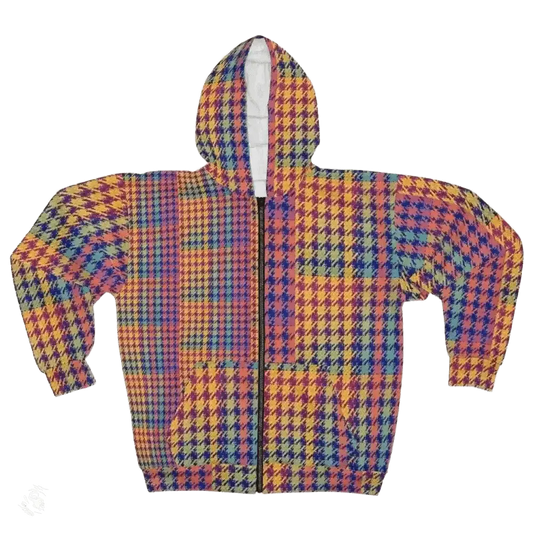 Trendy Houndstooth Zip Hoodie Rocks Stylish Outerwear Scene - Free Spirit Chic