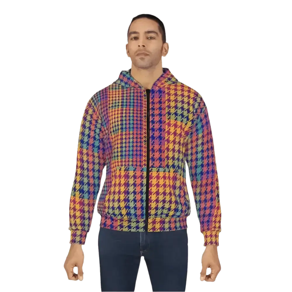 Trendy Houndstooth Zip Hoodie Rocks Stylish Outerwear Scene - Free Spirit Chic