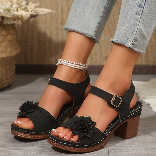 Women's Flowers Chunky Heel Sandals Summer Plus Size Platform Shoes - Free Spirit Chic
