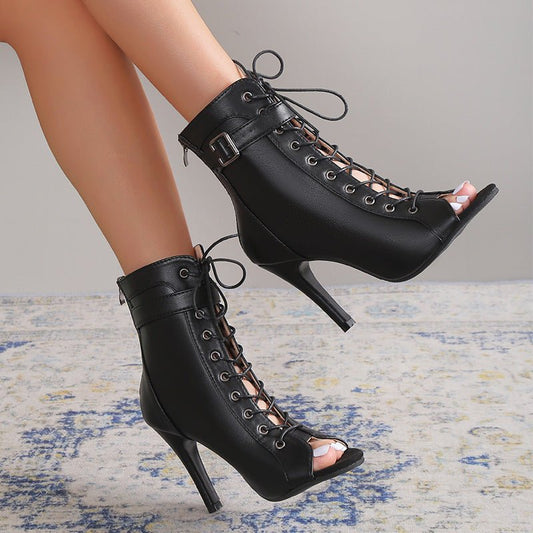 Women's Peep Toe High Heel Pumps Shoes Fashion Lace - up Buckle Sandals With Back Zipper Design - Free Spirit Chic
